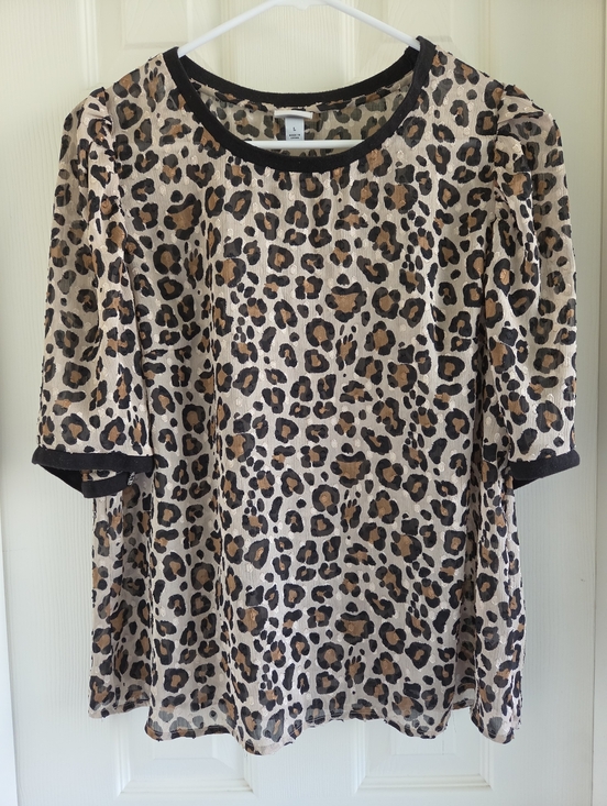 a new day Tops - A New Day Sheer Leopard Print Puff Sleeve Blouse Ringer Neck Size Large